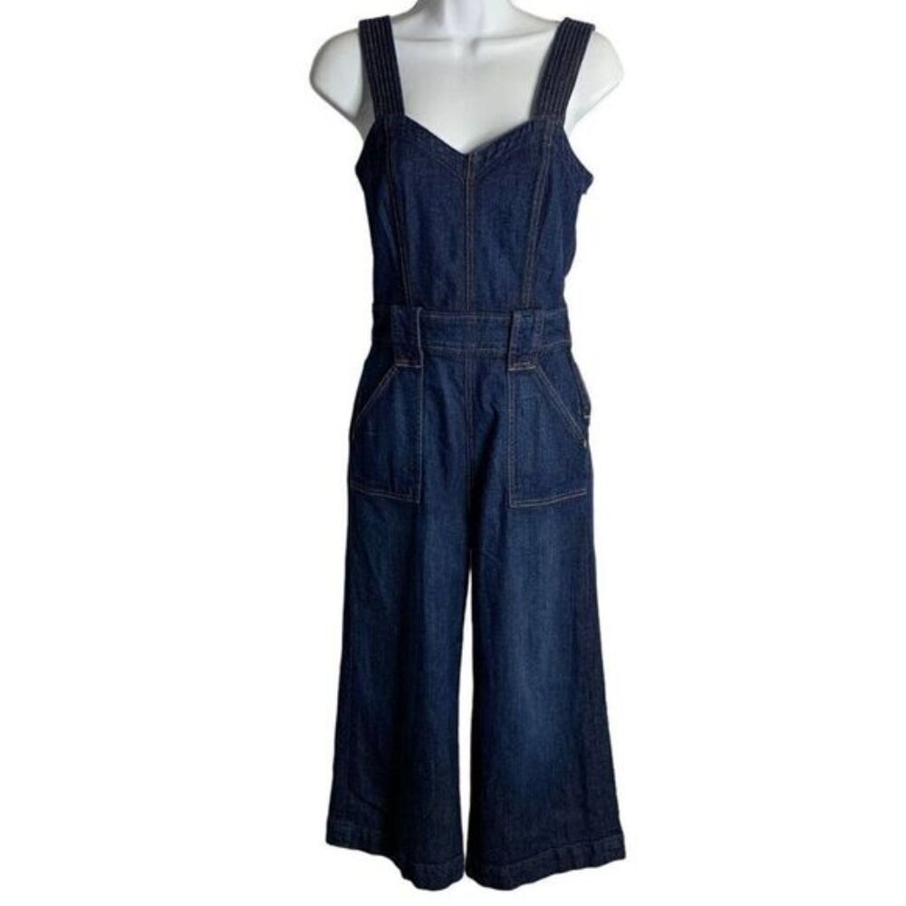7 for All Mankind Retro Denim Jumpsuit 25 Med Wash Cropped Wide Leg Pockets Zip